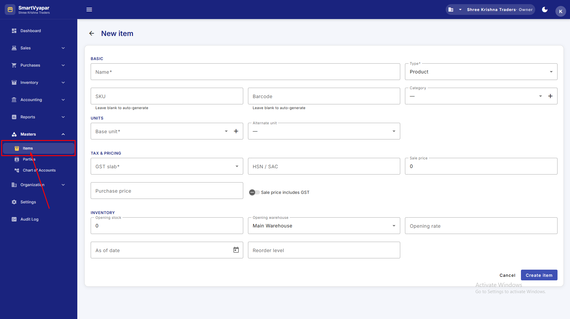 Add Item form