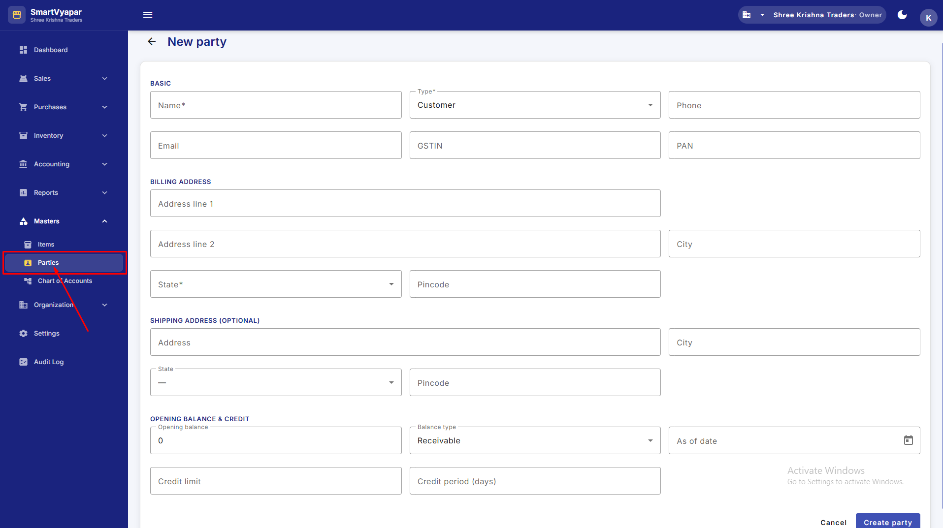 Add Party form