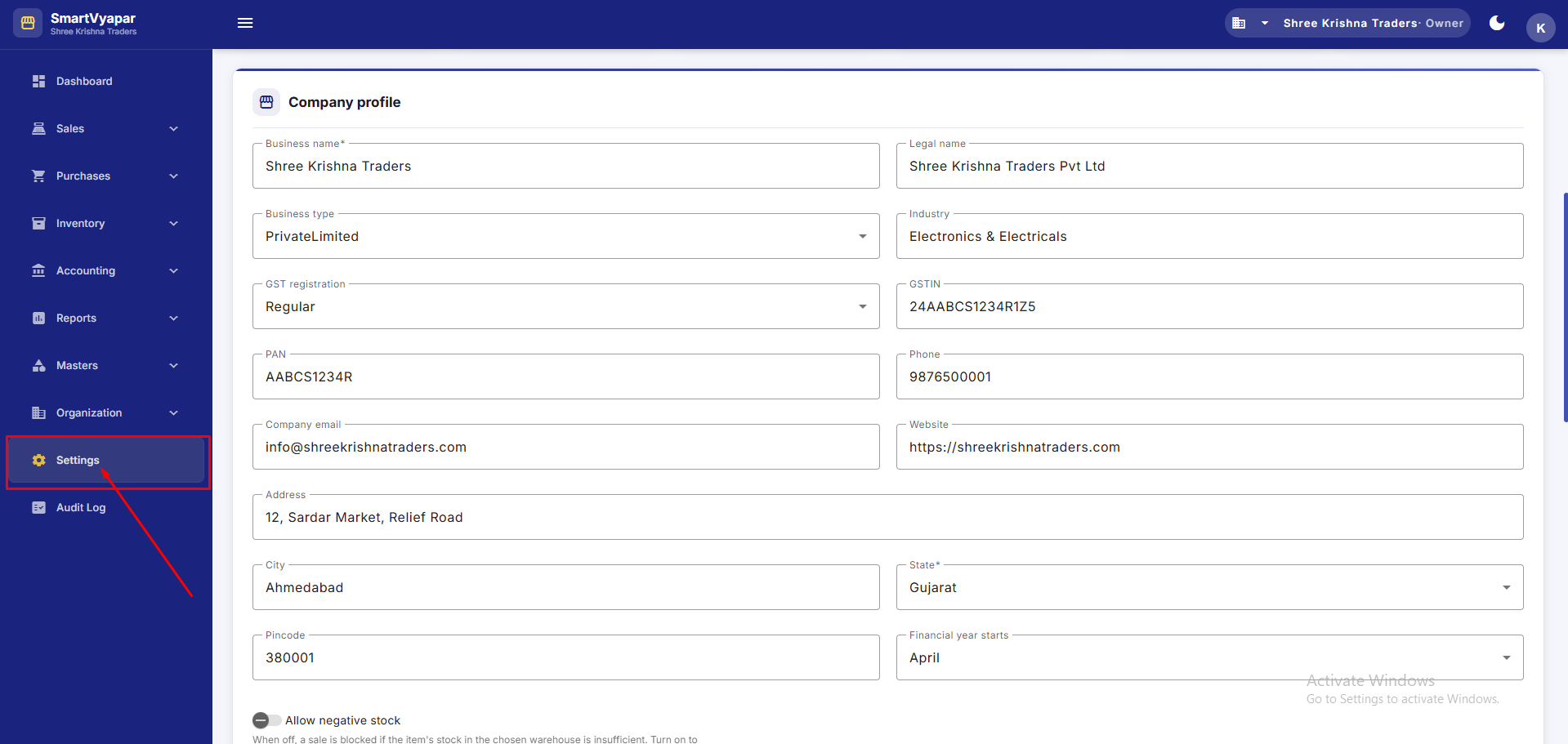 Settings - Company profile