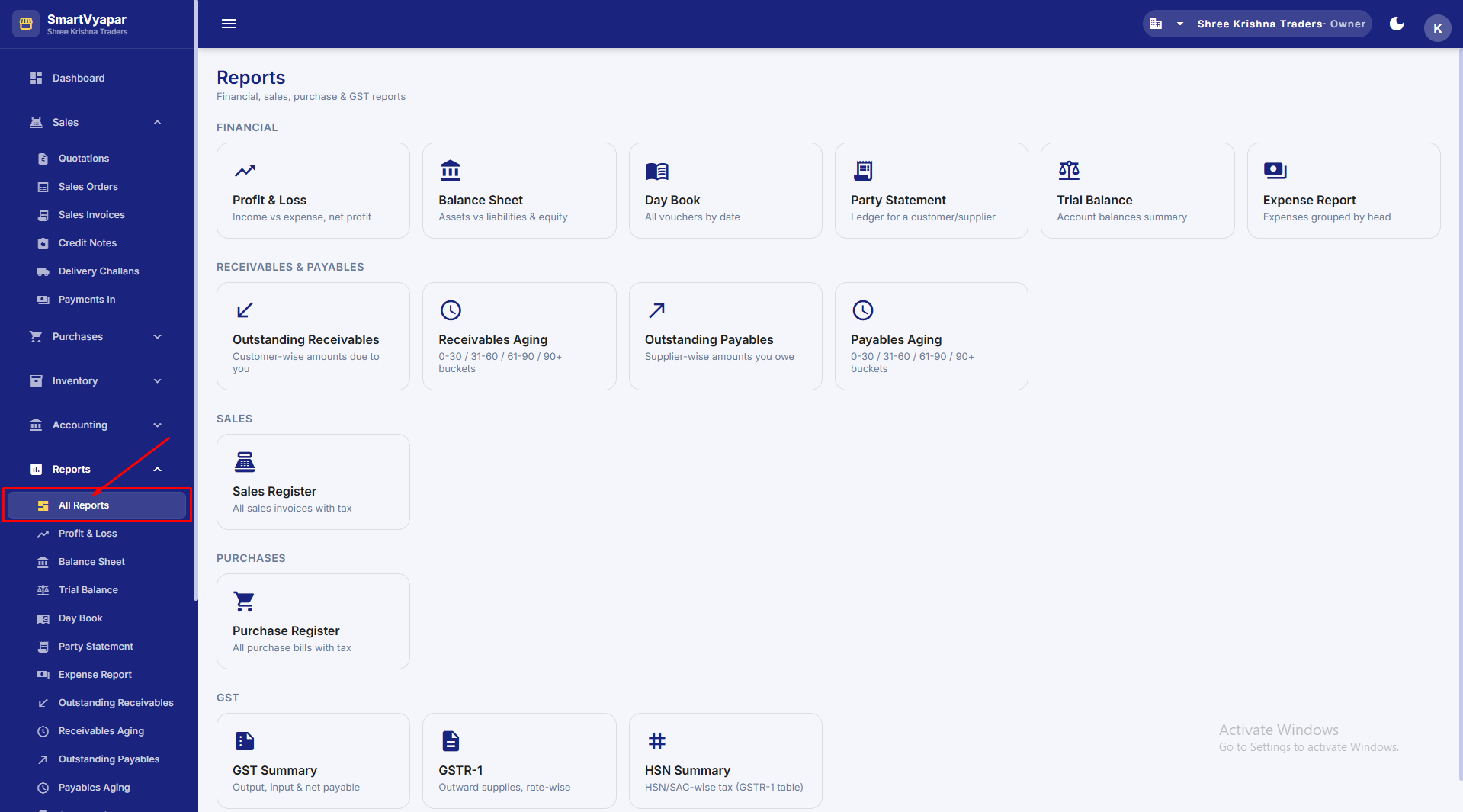 Reports hub with report cards